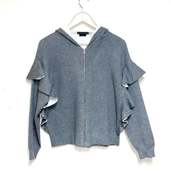 Alice + Olivia HARRIS RUFFLE ZIP HOODIE IN MEDIUM HEATHER GREY - Picture 5 of 9